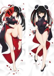Rule 34 | 1girl, alternate costume, ankle ribbon, arm strap, bare legs, barefoot, bed sheet, black dress, black footwear, black hair, blunt bangs, breasts, bun cover, china dress, chinese clothes, clock eyes, clothes lift, covered navel, dakimakura (medium), date a live, dress, dress lift, from above, full body, grin, hair ribbon, hand fan, heterochromia, holding, holding fan, large breasts, leg lift, leg ribbon, lifted by self, long hair, looking at viewer, lying, moeanime, no panties, on back, petals, red eyes, red ribbon, ribbon, sleeveless, sleeveless dress, smile, split screen, symbol-shaped pupils, tokisaki kurumi, very long hair, yellow eyes