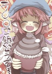 Rule 34 | 1girl, alternate costume, animal ears, bird wings, blush, eel, closed eyes, feathers, female focus, food, gaoo (frpjx283), head scarf, highres, japanese clothes, kimono, long sleeves, mystia lorelei, okamisty, open mouth, pink hair, rice, short hair, solo, touhou, translation request, wide sleeves, wings