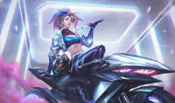 Rule 34 | 1girl, akali, belt, black gloves, black hair, black pants, blonde hair, blue jacket, breasts, crop top, cropped jacket, earrings, eyeshadow, fingerless gloves, gloves, unworn headwear, helmet, unworn helmet, holding, holding sword, holding weapon, idol, jacket, jewelry, k/da (league of legends), k/da all out akali, league of legends, lips, lipstick, long hair, looking at viewer, makeup, medium breasts, motor vehicle, motorcycle, motorcycle helmet, multicolored hair, navel, official alternate costume, official art, on motorcycle, open clothes, open jacket, pants, parted lips, ponytail, red lips, sitting, solo, sword, two-tone hair, weapon