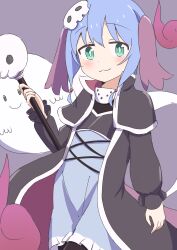 Rule 34 | 1girl, :3, absurdres, animal ears, beads, black robe, blue hair, c:, commentary request, dot nose, fujimi nemu, ghost, green eyes, grey background, hair beads, hair ornament, highres, holding, holding scepter, kaai yuu, light blush, long sleeves, looking at viewer, necromancer, onii-chan wa oshimai!, robe, scepter, short hair, simple background, skull hair ornament, smile, solo
