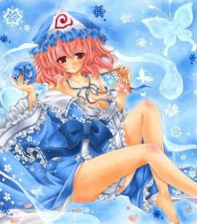 Rule 34 | 1girl, :o, bare legs, bare shoulders, barefoot, blue background, bow, breasts, bug, butterfly, cherry blossoms, cleavage, collarbone, hand fan, female focus, hat, hitodama, bug, japanese clothes, kimono, long sleeves, looking at viewer, orb, pastel (medium), pink hair, rano, red eyes, ribbon, saigyouji yuyuko, short hair, snowflakes, solo, touhou, traditional media, triangular headpiece