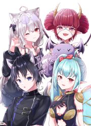 Rule 34 | 1boy, 1other, 3girls, :o, absurdres, animal, animal ears, aqua hair, bat wings, belt, black hair, blue eyes, blue hair, bluepyxie (vtuber), breasts, butterfly wings, chinese clothes, cleavage cutout, clothing cutout, creature, crossed arms, dinonugget (vtuber), earrings, face ornament, fang, feet out of frame, flat chest, glasses on head, gloves, gold, hand on own chest, highres, insect wings, jacket, jewelry, kurikutsu (vtuber), large breasts, long hair, medium breasts, multiple girls, one eye closed, open mouth, parted lips, pink eyes, pointy ears, red eyes, ribbon, shionagi hagi, short hair, side ponytail, simple background, smile, twintails, virtual youtuber, white background, white hair, wings, zhilin akuma (vtuber)
