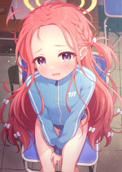 Rule 34 | 1girl, blue archive, blue buruma, blue jacket, blush, bow, braid, buruma, chair, feet out of frame, forehead, hair bow, halo, highres, jacket, long hair, looking at viewer, open mouth, purple eyes, red hair, sitting, solo, track jacket, white bow, wodaex, yellow halo, yuzu (blue archive)