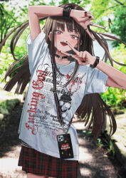 Rule 34 | 1girl, absurdres, arm up, black nails, blunt ends, blush, brown hair, cellphone, choker, collarbone, cowboy shot, day, double v, english text, floating hair, foliage, gishiki (gshk), half-closed eyes, hand up, highres, jewelry, leaning to the side, long hair, looking at viewer, multicolored nails, multiple rings, o-ring, o-ring choker, open mouth, original, outdoors, phone, photo background, pink eyes, plaid, plaid skirt, pleated skirt, red nails, red skirt, ring, shirt, short sleeves, shoulder strap, sidelocks, skirt, smartphone, smile, solo, t-shirt, two side up, v, wrist belt