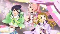 3girls :d black_hair blonde_hair blunt_bangs cosplay crossover dress flower folded_ponytail game_cg green_dress green_eyes grey_eyes hair_between_eyes hair_flower hair_ornament holding inubouzaki_itsuki inubouzaki_itsuki_(cosplay) long_hair long_sleeves looking_at_viewer magical_girl multiple_girls nogi_sonoko official_art open_mouth pink_dress pink_hair ponytail purple_dress red_eyes sitting smile toji_no_miko toji_no_miko:_kizamishi_issen_no_tomoshibi yanase_mai yuuki_yuuna yuuki_yuuna_wa_yuusha_de_aru yuusha_de_aru