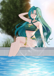 Rule 34 | 1girl, absurdres, aqua hair, bare shoulders, braid, chloe (fire emblem), fire emblem, fire emblem engage, green eyes, hanzoku, highres, long hair, looking at viewer, navel, nintendo, official alternate costume, open mouth, pool, poolside, sitting, solo, swimsuit, very long hair, water