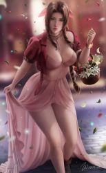 Rule 34 | 1girl, absurdres, aerith gainsborough, artist name, basket, blurry, bow, bracelet, braid, braided ponytail, breasts, brown footwear, brown hair, cleavage, cropped jacket, depth of field, dress, drill hair, final fantasy, final fantasy vii, final fantasy vii remake, flower, flower basket, full body, green eyes, hair bow, hair ribbon, highres, jacket, jewelry, large breasts, leaf, lily (flower), looking at viewer, necklace, petals, pink dress, red jacket, ribbon, single braid, solo, twin drills, wickellia