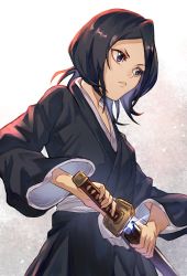 Rule 34 | 1girl, absurdres, black hair, bleach, breasts, hair between eyes, hakama, highres, holding, japanese clothes, kuchiki rukia, long hair, purple eyes, shinigami, short hair, simple background, small breasts, solo, sword, tomaton (t 0), weapon