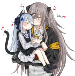 Rule 34 | 2girls, aged down, animal ears, aoi (aoisaka), black headwear, blunt bangs, blush, cat ears, closed eyes, commentary request, facial mark, fake animal ears, fake tail, girls&#039; frontline, hair ornament, hk416 (black kitty&#039;s gift) (girls&#039; frontline), hk416 (girls&#039; frontline), holding, jacket, long hair, multiple girls, official alternate costume, one side up, scar, scar across eye, scar on face, shirt, silver hair, tail, ump45 (girls&#039; frontline), ump45 (mod3) (girls&#039; frontline), white shirt