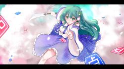 Rule 34 | 1girl, cloud, confused, detached sleeves, female focus, foreshortening, frog, fujii, fujii jun, gohei, green eyes, green hair, hair ornament, jewelry, kochiya sanae, letterboxed, matching hair/eyes, necklace, oonusa, outstretched arm, outstretched hand, power-up, reaching, short hair, skirt, snake, solo, touhou, undefined fantastic object