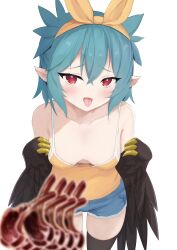 Rule 34 | 1girl, absurdres, artist request, bare shoulders, black thighhighs, black wings, blue hair, blush, bow, breasts, claws, denim, denim shorts, downblouse, feathered wings, food, hair bow, harpy, heart, heart-shaped pupils, highres, indie virtual youtuber, lamb chops, lincoro, looking at viewer, monster girl, open mouth, red eyes, ribbon, second-party source, shorts, small breasts, solo, spaghetti strap, symbol-shaped pupils, tank top, thighhighs, tongue, tongue out, virtual youtuber, white background, winged arms, wings, yellow ribbon, yellow tank top