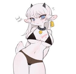 Rule 34 | 1girl, 666, animal collar, animal ear fluff, animal ears, arms behind back, arrow (symbol), black bra, black panties, blue eyes, blush, body writing, bra, breasts, breasts apart, closed mouth, collar, commentary, cowboy shot, crop top, crop top overhang, curvy, ear tag, english commentary, english text, fang, furry, furry female, goat ears, goat girl, goat horns, goat tail, hair between eyes, horns, kid094ff, large breasts, long hair, looking at viewer, navel, nervous, original, pale skin, panties, simple background, solo, stomach, sweat, tail, underwear, underwear only, white background, white hair