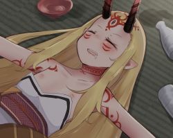 Rule 34 | 1girl, alcohol, blonde hair, blush, bottle, collarbone, commentary request, cup, drooling, dutch angle, closed eyes, facial mark, fate/grand order, fate (series), flat chest, horns, ibaraki douji (fate), indoors, inverted nipples, japanese clothes, kimono, long hair, lying, nipples, obi, on back, on floor, oni, oni horns, open mouth, outstretched arms, paingumi, pointy ears, sakazuki, sake, saliva, sash, sleeping, solo, tatami, tattoo, tokkuri, upper body