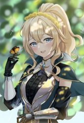 Rule 34 | 1girl, bad id, bad pixiv id, black gloves, black shirt, blonde hair, blue capelet, blue eyes, bug, butterfly, butterfly on hand, capelet, caterpillar, center frills, crossed bangs, dandelion, flower, frills, genshin impact, gloves, high collar, high ponytail, highres, insect, jean (genshin impact), jean (gunnhildr&#039;s legacy) (genshin impact), long hair, looking at viewer, official alternate costume, open mouth, shirt, sidelocks, solo, soukoku, soukoku 01