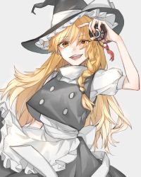 Rule 34 | 1girl, apron, blonde hair, bow, braid, gradient background, grey background, hat, highres, kirisame marisa, long hair, looking at viewer, open mouth, puffy short sleeves, puffy sleeves, shidaccc, short sleeves, smile, solo, touhou, waist apron, white bow, witch hat, yellow eyes