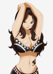 Rule 34 | 1girl, arms up, bare shoulders, black eyes, bra, breasts, brown hair, cana alberona, cleavage, fairy tail, female focus, groin, highres, huge breasts, image sample, juudai, long hair, midriff, open mouth, pixiv sample, resized, simple background, smile, solo, tattoo, underwear