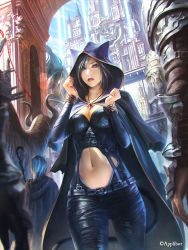 Rule 34 | 1boy, 1girl, adjusting headwear, arch, armor, belt, black hair, black pants, blue eyes, blue sky, breasts, building, cape, city, cloak, day, facing away, hood, hooded cloak, jewelry, legend of the cryptids, lens flare, looking at viewer, medium breasts, midriff, monster, navel, necklace, nera (loc), outdoors, pants, reins, shuichi wada, sky, staff, standing, stomach, watermark