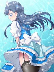 Rule 34 | 10s, 1girl, ass, back bow, black hair, black thighhighs, blue background, blue dress, blue eyes, bow, cowboy shot, dress, floating hair, frilled dress, frills, from behind, garter straps, holding, hugtto! precure, lens flare, long hair, looking back, maid headdress, pinafore dress, precure, short dress, short sleeves, sleeveless, sleeveless dress, smile, solo, sparkle, standing, sunlight, thighhighs, tj-type1, very long hair, white bow, yakushiji saaya