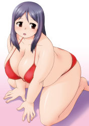Rule 34 | 1girl, artist request, belly, bikini, blush, breasts, brown eyes, cleavage, fat, large breasts, long hair, open mouth, original, plump, purple hair, red bikini, solo, swimsuit