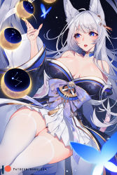 Rule 34 | 1girl, animal ear fluff, animal ears, azur lane, bare shoulders, blue butterfly, blue eyes, blue kimono, blush, breasts, bug, butterfly, cleavage, collarbone, constellation, fox ears, fox girl, insect, japanese clothes, kimono, kitsune, large breasts, long hair, long sleeves, moon phases, multiple tails, nanoless, obi, off shoulder, open mouth, sash, shinano (azur lane), silver hair, skirt, tail, thighhighs, thighs, white skirt, white tail, white thighhighs, wide sleeves