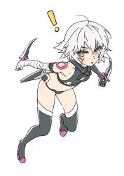 Rule 34 | !, 1girl, :o, bandaged arm, bandages, bare shoulders, belt, belt buckle, black belt, black footwear, black gloves, black panties, blue eyes, boots, buckle, dagger, dual wielding, fate/apocrypha, fate/grand order, fate (series), full body, gloves, hair between eyes, highres, holding, holding dagger, holding knife, holding weapon, jack the ripper (fate/apocrypha), knife, looking at viewer, micro panties, multicolored eyes, open mouth, panties, scar, scar on face, sheath, short hair, shoulder tattoo, silver hair, simple background, single glove, sjw kazuya, solo, stitches, tattoo, thigh boots, thighhighs, underwear, weapon, white background, yellow eyes