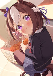 Rule 34 | 1girl, animal ears, blush, bow, bowtie, braid, brown hair, brown sweater, closed mouth, ear bow, eating, food, grey skirt, highres, holding, holding food, horse ears, horse girl, jacket, long sleeves, multicolored hair, open clothes, open jacket, pleated skirt, purple eyes, red bow, red bowtie, saboten mushi, shirt, skirt, smile, solo, special week (umamusume), streaked hair, sweater, umamusume, white hair, white shirt