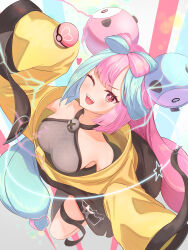 Rule 34 | 1girl, absurdres, bare shoulders, blue hair, bow-shaped hair, breasts, character hair ornament, creatures (company), from above, game freak, grey pantyhose, hair ornament, halterneck, highres, iono (pokemon), jacket, long hair, looking at viewer, low-tied long hair, medium breasts, multicolored hair, nintendo, one eye closed, oversized clothes, pantyhose, pink eyes, pink hair, pokemon, pokemon sv, sayu (user yjsz2885), sharp teeth, single leg pantyhose, sleeves past fingers, sleeves past wrists, split-color hair, star (symbol), star in eye, symbol in eye, teeth, two-tone hair, very long sleeves, x, yellow jacket