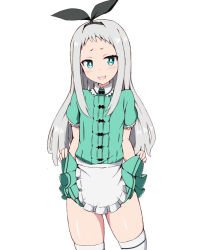 Rule 34 | 1boy, artist request, blend s, blush, clothes lift, crossdressing, green eyes, kanzaki hideri, lifting own clothes, long hair, looking at viewer, male focus, open mouth, silver hair, skirt, skirt lift, solo, thighhighs, trap, white background, yoruno (shinabara)