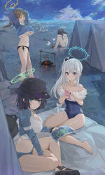 Rule 34 | 4girls, aqua eyes, arms up, bag, beach, beach towel, bikini, bikini bottom only, bird, black hair, blue archive, blue one-piece swimsuit, blue sky, braid, breasts, brown hair, bucket hat, campfire, cellphone, closed eyes, cloud, commentary request, cropped hoodie, dema hmw, duffel bag, fishing rod, footprints, gloom (expression), halo, hat, highres, holding, holding map, holding phone, hood, hoodie, large breasts, looking at phone, map, miyako (blue archive), miyako (swimsuit) (blue archive), miyu (blue archive), miyu (swimsuit) (blue archive), moe (blue archive), moe (swimsuit) (blue archive), multiple girls, navel, ocean, official alternate costume, one-piece swimsuit, phone, ponytail, purple eyes, rabbit platoon (blue archive), rash guard, saki (blue archive), saki (swimsuit) (blue archive), sand, sandals, seagull, shoes, single shoe, sitting, sky, smartphone, stomach, swimsuit, tent, towel, twintails, underboob, white hair