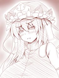 Rule 34 | 1girl, alternate breast size, alternate hairstyle, blush, breasts, female focus, gradient background, hat, huge breasts, long hair, looking at viewer, monochrome, parmiria, puffy cheeks, shiki eiki, solo, touhou
