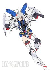 Rule 34 | 1girl, ahoge, beam rifle, black gloves, boots, character name, energy gun, floating, floating hair, gloves, grey hair, gun, gundam, gundam 0083, gundam gp-01 full vernian zephyranthes, highres, holding, holding gun, holding weapon, i.takashi, mecha musume, open mouth, personification, purple eyes, sketch, solo, thigh boots, thighhighs, v-shaped eyebrows, weapon, white background