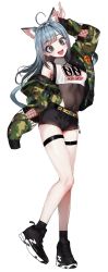 Rule 34 | 1girl, ahoge, animal ears, bare shoulders, belt, black footwear, black shorts, breasts, brown eyes, camouflage, camouflage jacket, cat ears, cat tail, covered navel, full body, grey hair, hand up, highres, jacket, long hair, long sleeves, looking at viewer, nekometaru, off shoulder, open clothes, open jacket, open mouth, original, shoes, shorts, simple background, sleeves past fingers, sleeves past wrists, small breasts, smile, solo, standing, tail, white background, zipper, zipper pull tab
