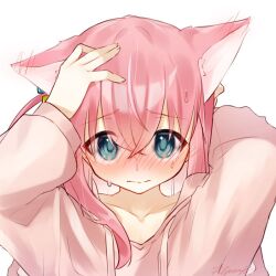 Rule 34 | 1girl, animal ear fluff, animal ears, artist name, artist request, blue eyes, blush, bocchi the rock!, cat ears, cat girl, collarbone, cube hair ornament, female focus, gotoh hitori, hair between eyes, hair ornament, hood, hoodie, looking at viewer, pink hair, pink hoodie, signature, simple background, solo, straight-on, sweat, white background