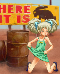 Rule 34 | 1girl, bad id, bad pixiv id, barrel, blonde hair, bow, brown eyes, rabbit, child, dress, drum (container), english text, female focus, hair bow, hatchin morenos, kneeling, michiko to hacchin, motoi hiroumi, solo, twintails
