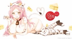 Rule 34 | 10s, 1girl, animal ears, animal print, areola slip, artist name, bell, bikini, blush, breasts, cheese, covered erect nipples, cow ears, cow print, cow tail, cowbell, food, hews, jar, large breasts, long hair, milk, no-rin, open mouth, pink hair, pouring, solo, swimsuit, tail, thighhighs, yellow eyes, yoshida kochou
