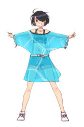 Rule 34 | 1girl, ahoge, black hair, camisole, fujisawa takashi, grin, hair over one eye, midriff, original, outstretched arms, see-through, short hair, short shorts, shorts, smile, solo, spread arms, white background