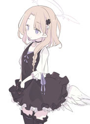 Rule 34 | 1girl, angel, angel wings, black choker, black dress, black gloves, black thighhighs, blade (galaxist), blue eyes, braid, brown hair, choker, collarbone, dress, frilled dress, frilled thighhighs, frills, gloves, hair ornament, hair over shoulder, half gloves, halo, long hair, looking away, misty sheikh, own hands together, parted bangs, parted lips, pointy ears, pop-up story, puffy short sleeves, puffy sleeves, purple ribbon, ribbon, shirt, short sleeves, simple background, sleeveless, sleeveless dress, solo, thighhighs, white background, white shirt, wings