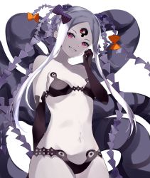 Rule 34 | 1girl, abigail williams (fate), abigail williams (swimsuit foreigner) (fate), abigail williams (swimsuit foreigner) (first ascension) (fate), artist request, bare shoulders, bikini, black bikini, black bow, bow, breasts, collarbone, colored skin, double bun, fate/grand order, fate (series), forehead, grin, hair bun, hair rings, hat, highres, keyhole, long hair, looking at viewer, micro bikini, multiple bows, navel, orange bow, parted bangs, purple eyes, sharp teeth, sidelocks, simple background, small breasts, smile, swimsuit, teeth, tentacles, thighs, third eye, very long hair, white background, white hair, white skin