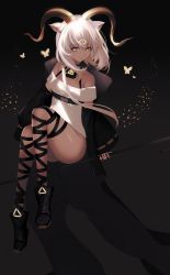 Rule 34 | 1girl, animal ear fluff, arknights, ateoyh, bad id, bad pixiv id, bare shoulders, beeswax (arknights), black background, black coat, black footwear, boots, chinese commentary, coat, commentary request, dark-skinned female, dark skin, highres, holding, holding staff, horns, long hair, long sleeves, looking at viewer, off-shoulder shirt, off shoulder, open clothes, open coat, shirt, silver hair, simple background, solo, staff, thighs, white shirt, wide sleeves, yellow eyes