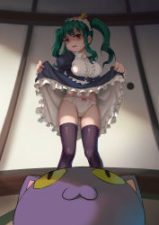 Rule 34 | 10s, 1girl, absurdres, black skirt, black thighhighs, blush, cat, clothes lift, colored sclera, crown, disgust, dress, dress lift, from below, highres, indoors, kuroi ginko, lifting own clothes, long hair, long sleeves, looking up, lying, maid, mini crown, on back, panties, pink eyes, planet with, poly, puffy long sleeves, puffy sleeves, sensei (planet with), sidelocks, skirt, thighhighs, tilted headwear, twintails, underwear, white panties, yellow sclera