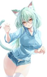 Rule 34 | 1girl, :o, absurdres, animal ears, aqua hair, bad id, bad twitter id, blue hoodie, breasts, cat ears, cat tail, glasses, hair between eyes, highres, hood, hoodie, large breasts, long hair, looking at viewer, open mouth, original, short shorts, shorts, solo, tail, thighhighs, thighs, white thighhighs, yellow eyes, zerocat