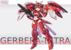 Rule 34 | 1girl, absurdres, ag 00000, artist name, barcode, breasts, character name, covered navel, dated, facial tattoo, floating, gerbera tetra, grey eyes, gun, gundam, gundam 0083, highres, holding, holding gun, holding weapon, leotard, long hair, looking at viewer, mecha musume, medium breasts, middle finger, personification, red hair, smirk, solo, tattoo, teardrop tattoo, trigger discipline, v-shaped eyebrows, weapon, zeon