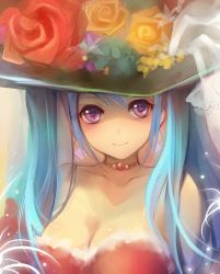 Rule 34 | 1girl, bad id, bad pixiv id, blue hair, breasts, cleavage, duplicate, flower, hat, hatsune miku, highres, jewelry, large breasts, long hair, necklace, orange flower, orange rose, purple eyes, red flower, red rose, rose, sheska xue, solo, twintails, upper body, vocaloid