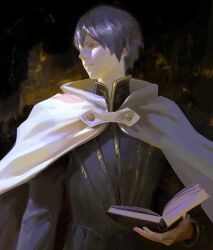 Rule 34 | 1boy, bishounen, black background, black cape, black hair, blue eyes, book, cape, chiaroscuro, cloak, closed eyes, closed mouth, commission, faux traditional media, highres, holding, holding book, long sleeves, looking to the side, male focus, octopath traveler, octopath traveler ii, open book, short hair, simple background, solo, temenos mistral, upper body, white cape, yuming li