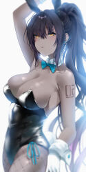 1girl absurdres animal_ears aqua_bow aqua_bowtie arm_up armpit_crease backlighting black_hair black_leotard blue_archive blush bow bowtie breasts cleavage dark-skinned_female dark_skin detached_collar earrings fake_animal_ears fishnet_pantyhose fishnets gloves highres jewelry karin_(blue_archive) karin_(bunny)_(blue_archive) large_breasts leotard long_hair looking_at_viewer official_alternate_costume pantyhose playboy_bunny ponytail rabbit_ears rabbit_tail shunse sideboob simple_background solo strapless strapless_leotard stud_earrings tail very_long_hair white_background white_gloves yellow_eyes