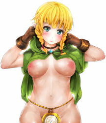 Rule 34 | 1girl, bad id, bad pixiv id, blonde hair, blue eyes, blush, braid, breasts, brown gloves, capelet, compass, convenient censoring, gloves, green capelet, groin, hood, hyrule warriors, jewelry, large breasts, linkle, navel, necklace, nintendo, nipples, no panties, nude, pointy ears, riri (narikeen), solo, stomach, the legend of zelda, twin braids, twintails