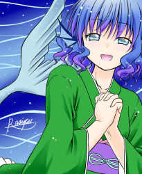 Rule 34 | 1girl, :d, blue eyes, blue hair, fins, head fins, japanese clothes, kimono, mermaid, monster girl, open mouth, own hands clasped, own hands together, rasupu, sash, short hair, smile, touhou, underwater, wakasagihime, wavy hair