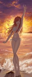 Rule 34 | 1girl, ^ ^, ^o^, absurdres, arisugawa natsuha, beach, bikini, breasts, cleavage, closed eyes, closed eyes, full body, highres, idolmaster, idolmaster shiny colors, mansu (user pnmp4287), medium breasts, orange hair, outdoors, outstretched arm, side-tie bikini bottom, smile, solo, sunset, swimsuit, v, white bikini