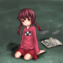 Rule 34 | 1girl, aosora (mizore), bags under eyes, barefoot, footprints, insomnia, madotsuki, red eyes, short twintails, skirt, solo, sweater, tears, translated, twintails, yume nikki