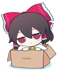 Rule 34 | 1girl, ascot, bow, box, brown hair, chibi, detached sleeves, expressionless, for adoption, fumo (doll), hair bow, hakurei reimu, highres, in box, in container, jitome, medium hair, red bow, red eyes, rei (tonbo0430), simple background, solo, touhou, white background, white sleeves, wide sleeves, yellow ascot
